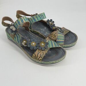 Spring Step LArtiste Blue Green Striped Floral Wedge Sandals EU 36 Boho Artsy